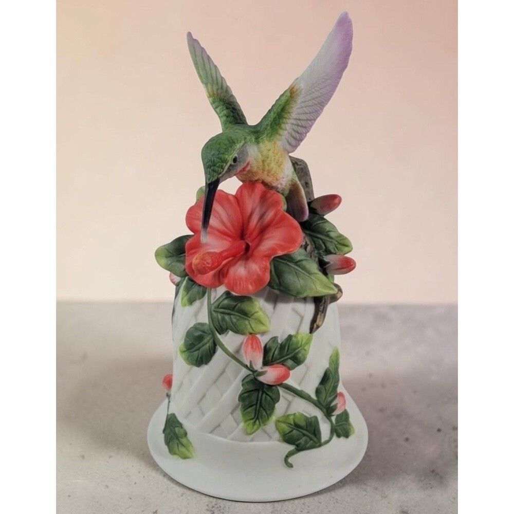 Noble Excellence Porcelain Bell Hummingbird Floral Collectible 6.5” Decor￼